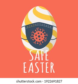 Coronavirus easter egg card. Vector illustraion with easter egg, covid-19 and medical mask. Safe holiday. For greeting card, promotion, poster, flyer, web banner, social media