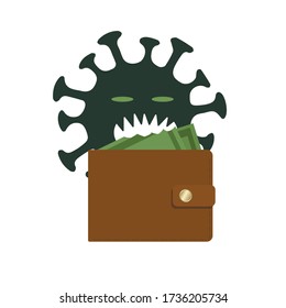 Coronavirus eats money from a wallet. The economic crisis and the fall of markets due to the outbreak of the coronavirus. Infographics