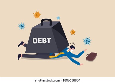 Coronavirus economic crash causing big debt on business and unemployment concept, poor depressed and jobless businessman wearing face mask cannot move lay down under huge weight of debt with virus.