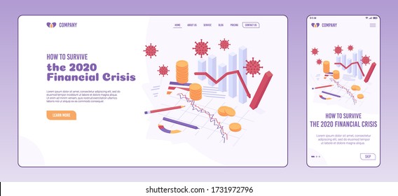 Coronavirus economic crisis isometric vector illustration web page and onboarding screen template - business and financial analysis graphic with falling trend, paper graphics and golden coin money.