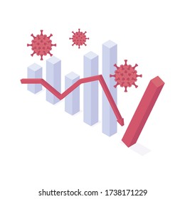 Coronavirus Economic Crisis Isometric Vector Illustration. Business Column Chart With Red Arrow And Falling Column Showing Recession And Crisis Of Economy And Banking Indicators Because Of Covid.