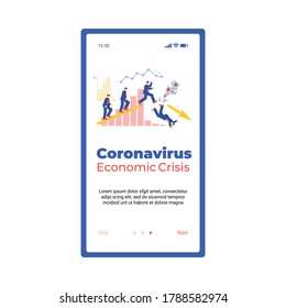 Coronavirus economic crisis mobile app onboarding page interface with business people falling from broken graph arrow, cartoon vector illustration on a white background.