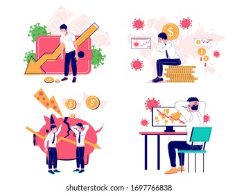 Coronavirus economic crisis scene set, vector flat illustration. Business people suffering financial losses due to corona virus pandemic spread and efforts to quarantine it. Coronavirus economy impact