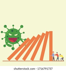 Coronavirus economic crisis vector concept: three businessmen trying to hold the chart bar from falling over