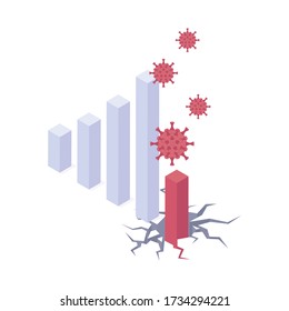 Coronavirus economic and financial crisis isometric vector illustration - graph with red column falling into hole under pressure of corona viruses. Isolated business chart showing decline of economy.
