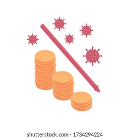 Coronavirus Economic And Financial Crisis Isometric Vector Illustration - Decrease Of Golden Coin Stacks With Red Decline Arrow. Concept Of Crisis Of Economy, Finance And Banking Because Of Covid.