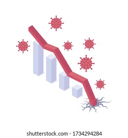 Coronavirus economic and financial crisis isometric vector illustration. Falling graph with red arrow breaking hole - business chart showing fall and crisis of economy, finance because of corona virus