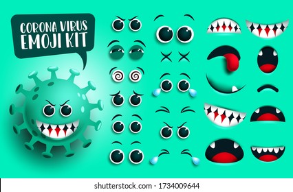 Coronavirus emoji kit vector set. Covid19 corona virus emoticon and icon editable eyes and mouth with naughty facial expression isolated in green background. Vector illustration. 