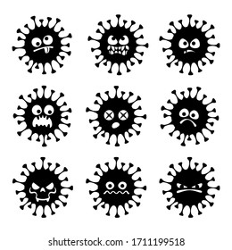 Coronavirus emoji set. Virus character emoticons vector icons. Angry, mad, crazy facial expression.