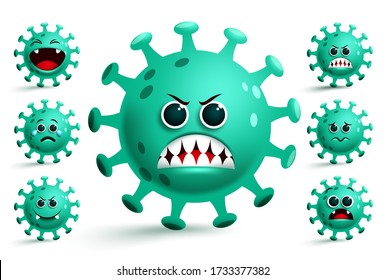Coronavirus emojis vector set. Covid-19 corona virus emojis and emoticons with green scary facial expressions for influenza outbreak isolated in white background. Vector illustration. 