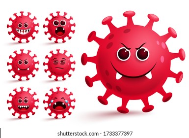 Conjunto de vectores de emojis corona-virus. Emojis y emoticonos del virus del covid-19 rojo con expresión facial atemorizante para los elementos de diseño de brotes globales. Ilustración vectorial.    