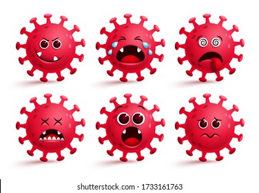 Coronavirus emoticon vector set. Covid-19 coronavirus icon emoji and emoticons with red sad, naughty and dizzy facial expressions for global pandemic disease collection isolated in white.