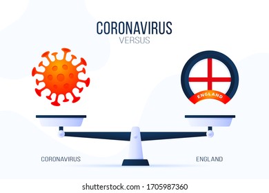 Coronavirus or England vector illustration. Creative concept of scales and versus, On one side of the scale lies a virus covid-19 and on the other uk flag icon. Flat vector illustration.
