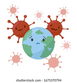 Coronavirus Epidemic (2019-nCoV). Cartoony concept of Earth and Coronavirus. Sad Earth and Covid-19. Childish vector concept of coronavirus quarantine.
