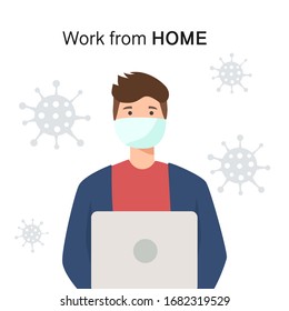 Coronavirus Epidemic (2019-nCoV). Young man in white medical face mask with laptop. Wuhan virus disease, infections. Vector concept of respiratory virus, coronavirus quarantine, stay home.
