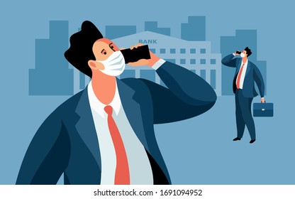 Coronavirus epidemic. Businessman standing by the bank, speaking on the phone, looking up. Cartoon character wearing medical face mask. Vector illustration