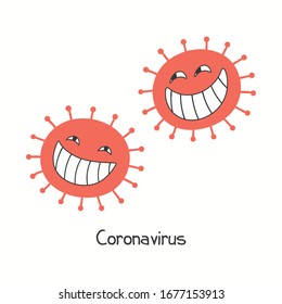 Coronavirus epidemic concept. Funny cartoon viruses with big teeth and evil eyes, isolated on white background. Vector illustration. Poster, flyer. Flat style design. Covid-19 protection, prevention.