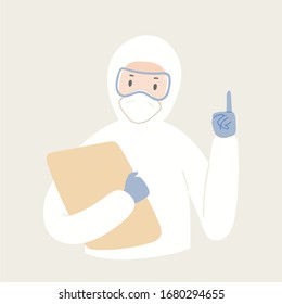 Coronavirus epidemic concept. Medical worker in protective gear, isolated. Hand drawn vector illustration. Poster, flyer, banner element. Flat style design. Covid-19 protection, prevention advice.