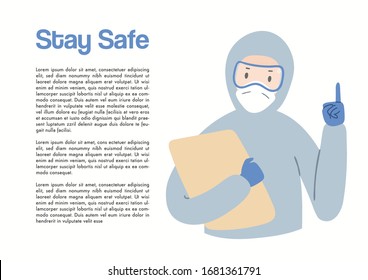 Coronavirus epidemic concept. Medical worker in protective gear with text space, isolated on white. Hand drawn vector illustration. Poster, flyer element. Flat style design. Covid-19 prevention advice