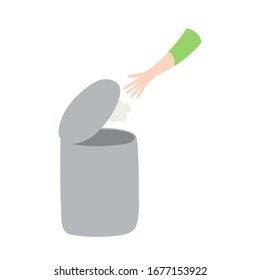 Coronavirus epidemic concept. Throwing used tissue in a bin, isolated on white. Hand drawn vector illustration. Poster, flyer. Flat style design. Covid-19 protection, prevention information.