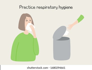 Coronavirus epidemic concept. Woman coughing in tissue and throwing it in bin, isolated. Hand drawn vector illustration. Poster, flyer. Flat style design. Covid-19 protection, prevention information.