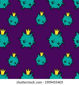 Coronavirus Epidemic Covid-19 seamless pattern. 2Pandemic, epidemic covid-19. Dangerous green virus bacteria on violet background. Vector hand drawn background in doodle style isolated.