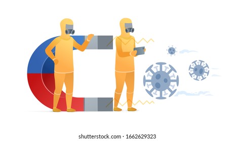 Enfermedad epidémica del Coronavirus. Dos doctores en la máscara y traje protector usando un dispositivo especial imán. Vacuna de búsqueda. Experimentos en medicina. Virus Epidémico MERS-CoV 2019-nCoV. Ilustración plana del vector