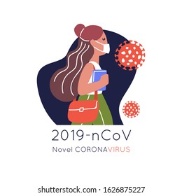 Coronavirus epidemic disease. Vector image of masked pupil. Pupil in the mask. Human health. Health protection. Medicine. Flat vector illustration on isolated background