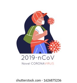 Coronavirus epidemic disease. Vector image of masked pupil. Pupil in the mask. Human health. Health protection. Medicine. Flat vector illustration on isolated background