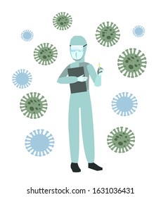 Coronavirus epidemic disease. Vector image. Doctor in the mask. The patient in the mask. Human health. Humans and viruses. Search for a vaccine. To conduct experiments. Medicine for the disease.