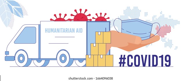 Coronavirus Epidemic Global Crisis, Humanitarian Aid Emergency Delivery, Face Mask Deficit Problem Solving Concept. Cardboard Boxes with Special Protection Clothing near Truck Flat Vector Illustration