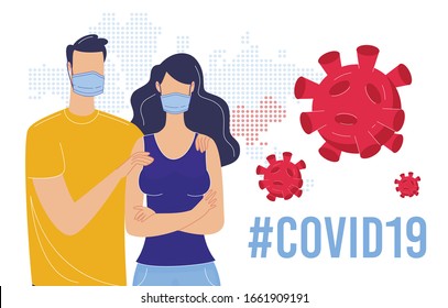 Coronavirus Epidemic Global Crisis, Protection from Dangerous, Contagious and Lethal Respiratory Infection, Disease Infecting Prevention Concept. Man and Woman in Facemask Flat Vector Illustration