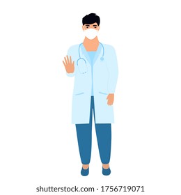 Coronavirus epidemic. Male doctor in a blue medical coat and protective surgical mask shows a stop gesture with his hand. COVID-19. Quarantine. Coronavirus epidemic.