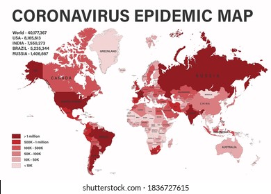 Coronavirus epidemic on political map with scale, borders and countries