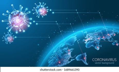 Coronavirus epidemic. Planet Earth. Global. Map. World pandemic. Covid-19. Vector dark blue background with abstract viruses. Low poly 3d image. Lung diseases. The medicine. Place for text.