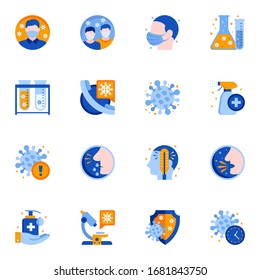 Coronavirus epidemic protection flat icons set. Cough, fever and runny nose symptoms. Coronavirus incubation period and infection control vector illustration. Hygiene and antiseptics, quarantine.