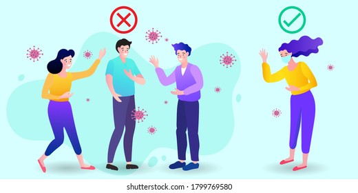 Coronavirus epidemic protective equipment. Preventive measures. Steps to protect yourself. Keep the 1 meter distance. Vector illustration.