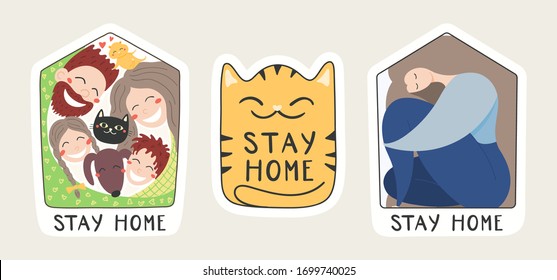 Coronavirus epidemic quarantine concept. Cute cartoon happy family, woman, cat, with quote Stay home. Hand drawn vector illustration. Isolated stickers set. Flat style design. Covid-19 prevention.