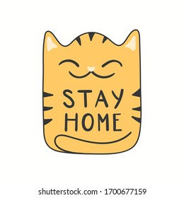 Coronavirus epidemic quarantine concept. Funny ginger cat with quote Stay home. Hand drawn vector illustration. Isolated on white. Motivational poster, sticker. Flat style design. Covid-19 prevention.