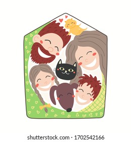 Coronavirus epidemic quarantine concept poster, sticker. Happy family at home. Hand drawn vector illustration. Cute cartoon characters. Isolated on white. Flat style design. Covid-19 prevention.