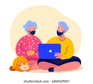 Coronavirus Epidemic Quarantine.Old Elderly Pensioner Couple Telework Freelancer in Medical Face Mask.Virtual Correspondence,Entertainment.Home Office.Internet,Laptop Computer.Flat Vector Illustration