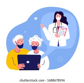 Coronavirus Epidemic Quarantine Isolation.Old Couple Pensioner Grandparent,Communicate with Doctor in Medical Face Mask.Internet Computer Laptop Conversation.Home Consultation.Flat Vector Illustration