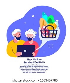 Coronavirus Epidemic Quarantine Isolation. Old Aged Pensioners, Grandparent Man, Woman Shopping Online In Laptop Internet Market.Buy At Home. Purchase Goods. Survive COVID 19. Flat Vector Illustration