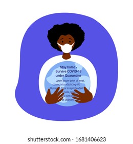 Coronavirus Epidemic Quarantine. Novel COVID 2019-nCoV, Young African Man in Medical Face Mask Holding Earth Globe Planet World.Self Isolation Disinfection Surviving Measures. Flat Vector illustration