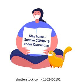 Coronavirus Epidemic Quarantine Pandemic. Novel COVID 2019-nCoV, Young Girl Woman in Medical Face Mask Showing Warning Poster. Self Isolation Disinfection Surviving Measures. Flat Vector illustration