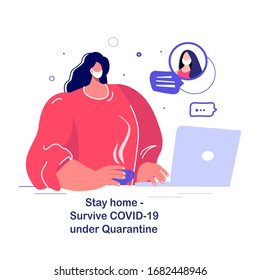 Coronavirus Epidemic Quarantine Pandemic.Novel COVID 2019-nCoV,Young Woman Freelancer in Medical Face Mask in Virtual Chat Correspondence.People Communicate in Laptop Network. Flat vector illustration