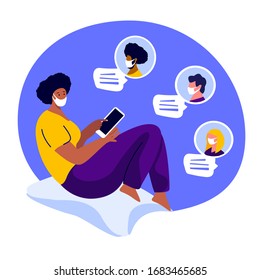 Coronavirus Epidemic Quarantine Pandemic.Novel COVID 2019-nCoV,Young African Woman in Medical Face Mask in Virtual Chat Correspondence.People Communicate in Network Smartphone.Flat vector illustration