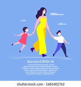 Coronavirus Epidemic Quarantine.Novel COVID 2019,Family Woman Parent,Children,Son, Daugher in Medical Face Mask Walking Together on Prevention Quarantine. Disinfection Measure.Flat Vector illustration