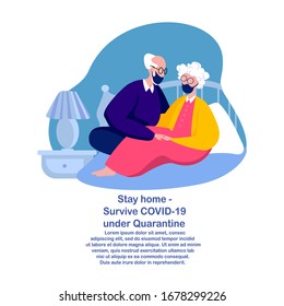 Coronavirus Epidemic Quarantine.Novel COVID 2019-nCoV.Old Grandparents,Pensioners Elderly Man and Woman in Medical Face Mask Hug.Wife and Husband Stay Home,have Rest Isolation.Flat Vector illustration