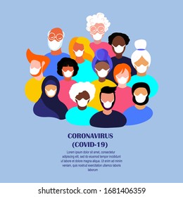 Coronavirus Epidemic Quarantine.Novel COVID 2019-nCoV.Crowd Different People Population,African Young and Old,Pensioners Man,Women in Medical Face Masks. Disinfection Measures.Flat Vector illustration